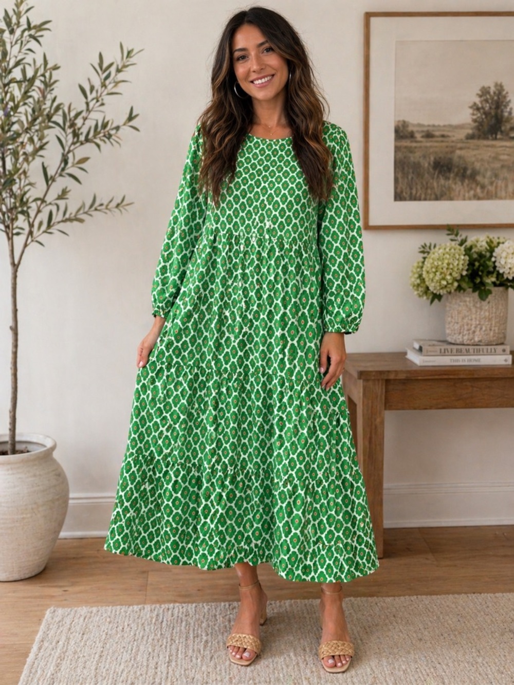 NEW Green Printed Maxi Dress Large Long Sleeve Tiered Boho Flowy Casual Style